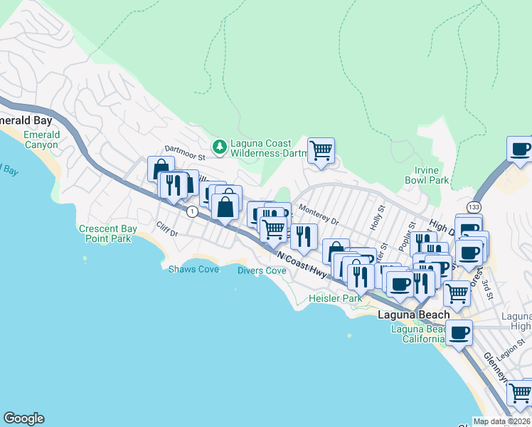 map of restaurants, bars, coffee shops, grocery stores, and more near 252 Grandview Street in Laguna Beach
