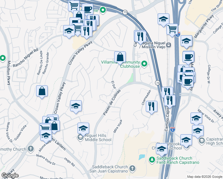 map of restaurants, bars, coffee shops, grocery stores, and more near 25645 Paseo La Cresta in Laguna Niguel