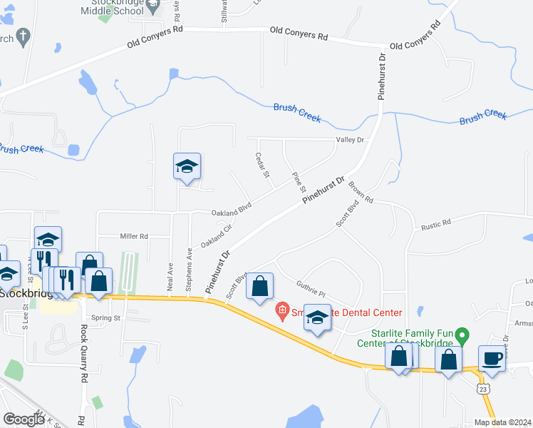 map of restaurants, bars, coffee shops, grocery stores, and more near 175 Pinehurst Drive in Stockbridge