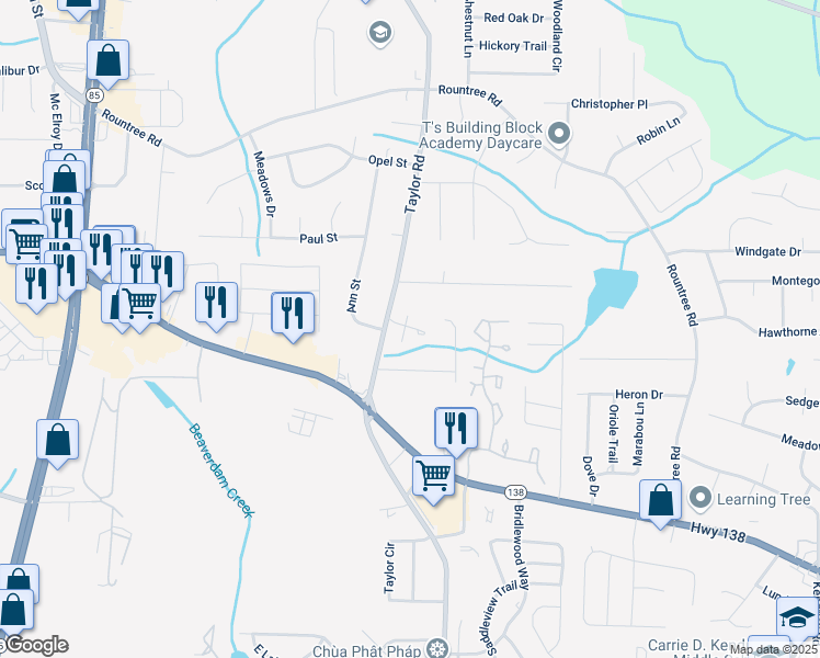map of restaurants, bars, coffee shops, grocery stores, and more near 7560 Taylor Road in Riverdale