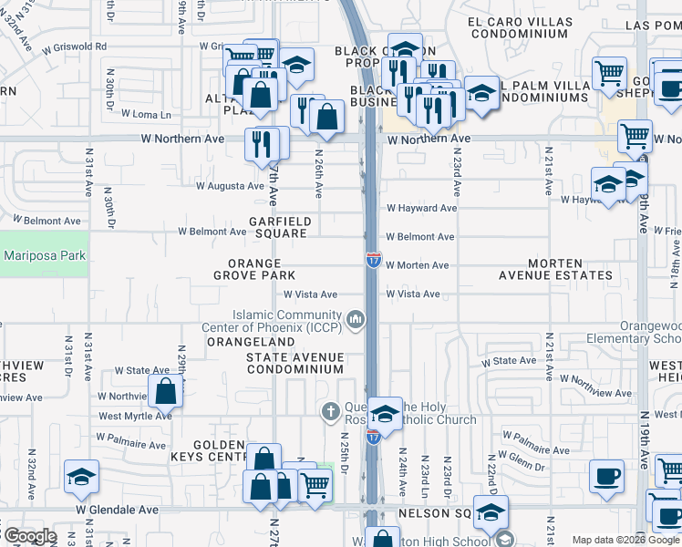 map of restaurants, bars, coffee shops, grocery stores, and more near 2542 West Vista Avenue in Phoenix