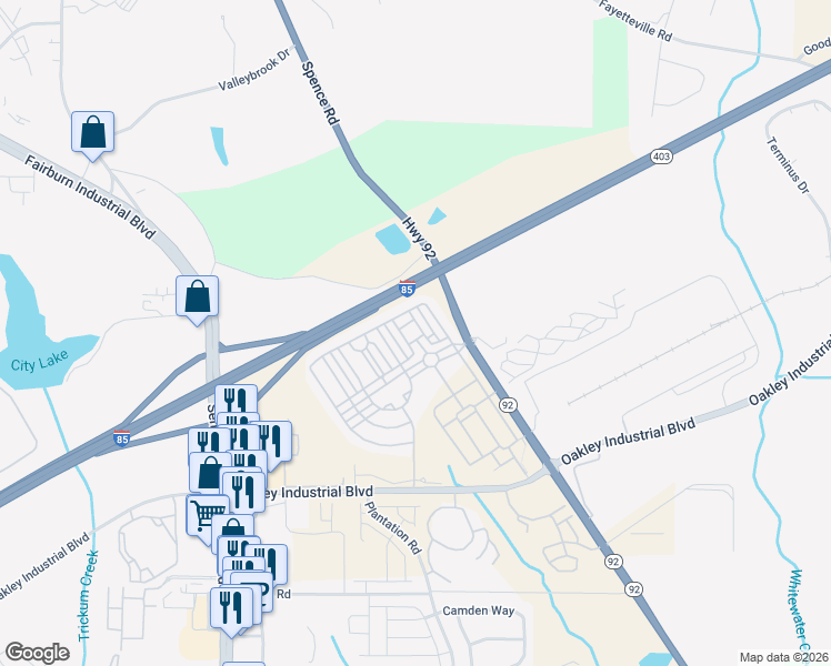 map of restaurants, bars, coffee shops, grocery stores, and more near 318 Avalon Square in Fairburn