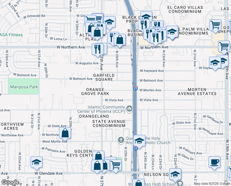 map of restaurants, bars, coffee shops, grocery stores, and more near 2542 West Vista Avenue in Phoenix