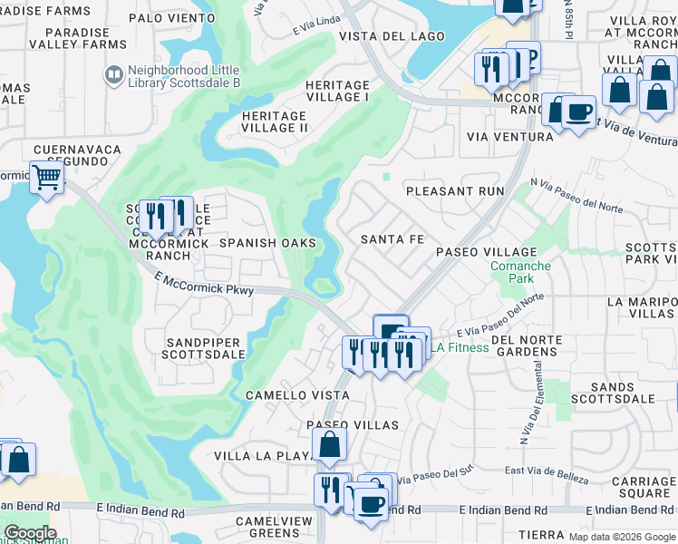 map of restaurants, bars, coffee shops, grocery stores, and more near 7554 North Vía Camello Del Sur in Scottsdale