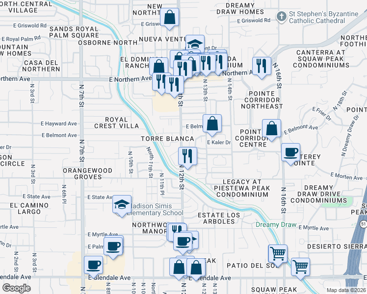 map of restaurants, bars, coffee shops, grocery stores, and more near 1211 East Kaler Drive in Phoenix