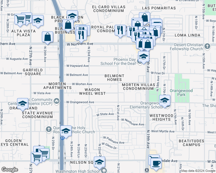 map of restaurants, bars, coffee shops, grocery stores, and more near 2140 West Vista Avenue in Phoenix