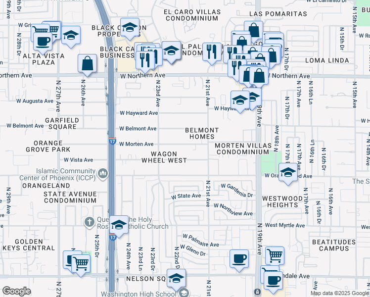 map of restaurants, bars, coffee shops, grocery stores, and more near 2140 West Vista Avenue in Phoenix