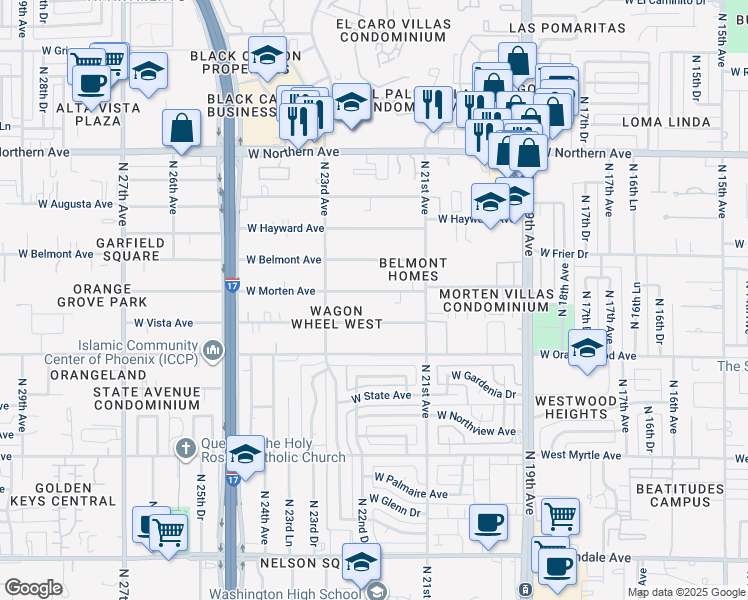 map of restaurants, bars, coffee shops, grocery stores, and more near 2140 West Vista Avenue in Phoenix
