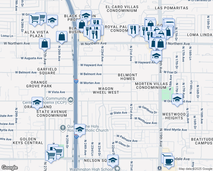 map of restaurants, bars, coffee shops, grocery stores, and more near 2220 West Vista Avenue in Phoenix