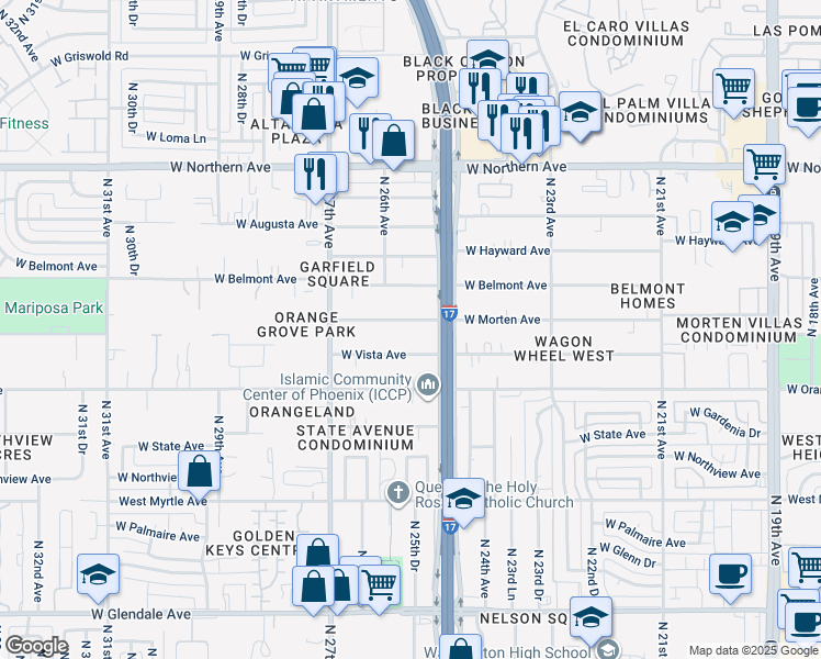 map of restaurants, bars, coffee shops, grocery stores, and more near 2542 West Vista Avenue in Phoenix