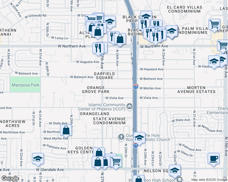 map of restaurants, bars, coffee shops, grocery stores, and more near 2636 West Vista Avenue in Phoenix