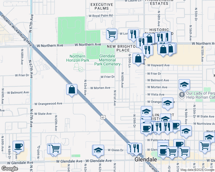 map of restaurants, bars, coffee shops, grocery stores, and more near 7550 North 61st Avenue in Glendale