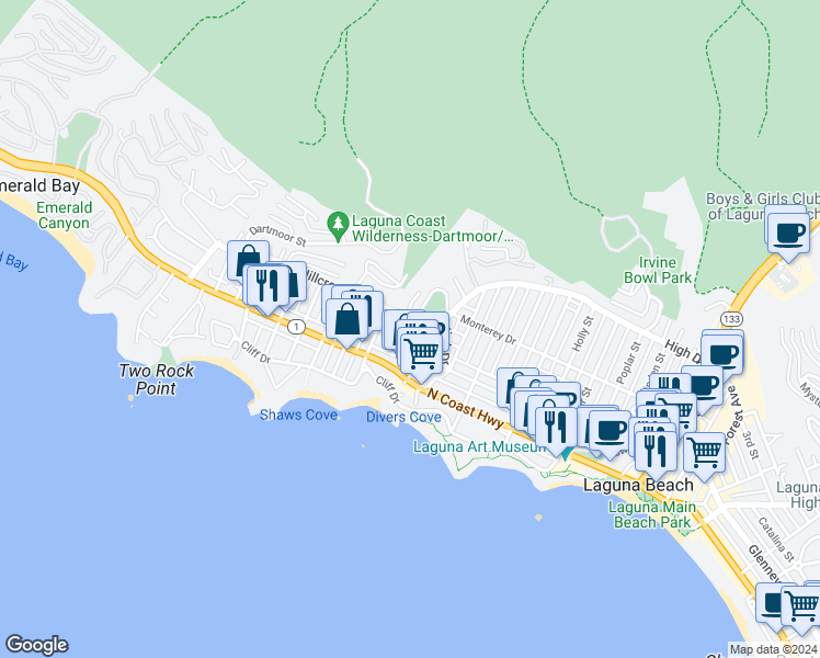 map of restaurants, bars, coffee shops, grocery stores, and more near 252 Grandview Street in Laguna Beach
