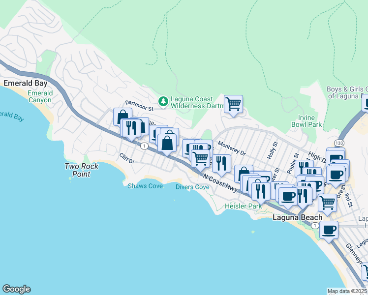 map of restaurants, bars, coffee shops, grocery stores, and more near 252 Grandview Street in Laguna Beach