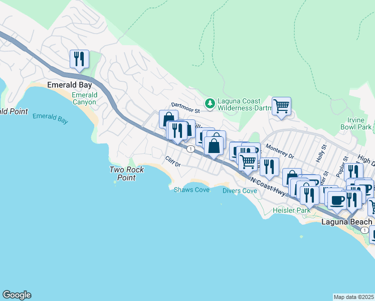 map of restaurants, bars, coffee shops, grocery stores, and more near 157 Chiquita Street in Laguna Beach