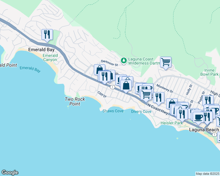 map of restaurants, bars, coffee shops, grocery stores, and more near 157 Chiquita Street in Laguna Beach