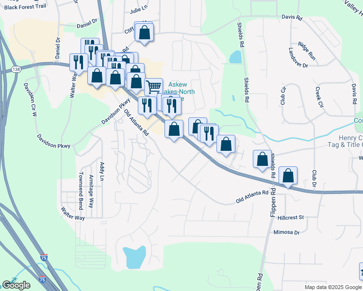 map of restaurants, bars, coffee shops, grocery stores, and more near 5341 North Henry Boulevard in Stockbridge