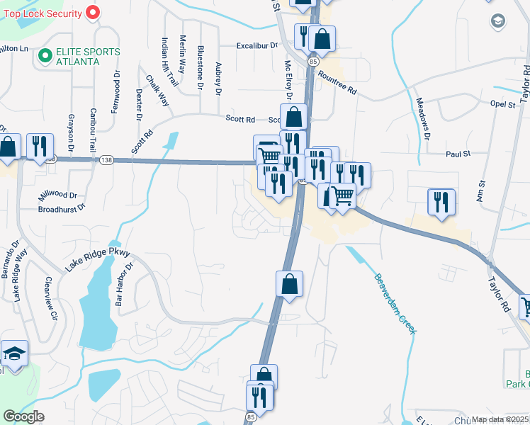 map of restaurants, bars, coffee shops, grocery stores, and more near 781 Commerce Boulevard in Riverdale