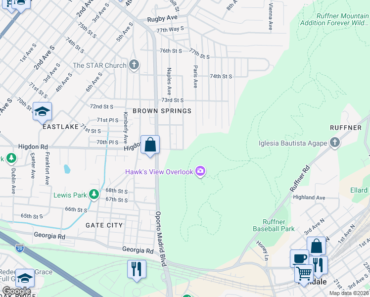 map of restaurants, bars, coffee shops, grocery stores, and more near 7101 Oporto Avenue in Birmingham