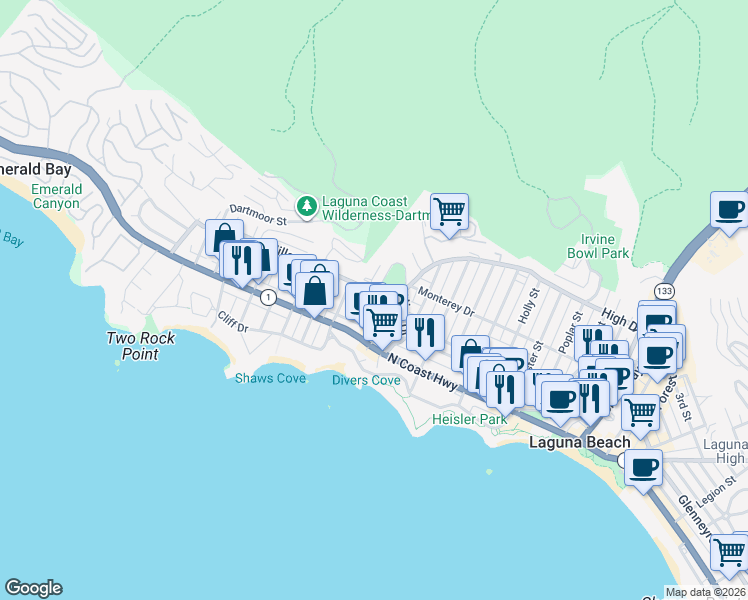 map of restaurants, bars, coffee shops, grocery stores, and more near 280 Dolphin Way in Laguna Beach