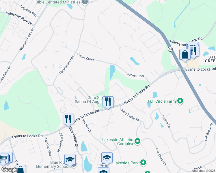 map of restaurants, bars, coffee shops, grocery stores, and more near 2024 Grace Avenue in Evans