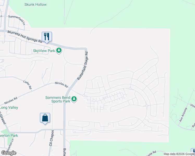 map of restaurants, bars, coffee shops, grocery stores, and more near 39291 Kindler Lane in Temecula