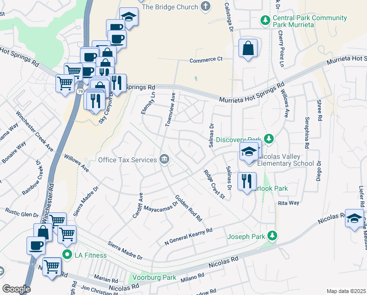 map of restaurants, bars, coffee shops, grocery stores, and more near 39446 Tangletree Way in Murrieta