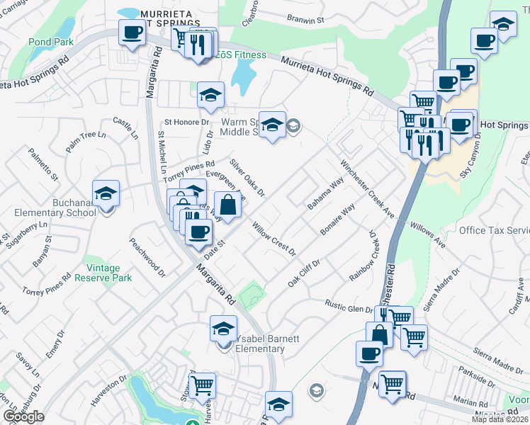 map of restaurants, bars, coffee shops, grocery stores, and more near 39522 Oak Circle in Murrieta