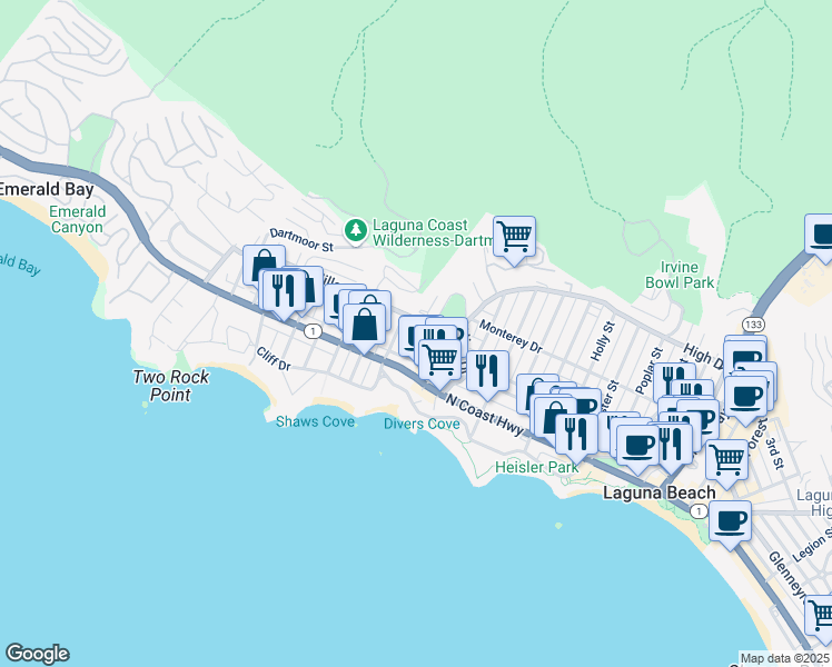 map of restaurants, bars, coffee shops, grocery stores, and more near 252 Grandview Street in Laguna Beach