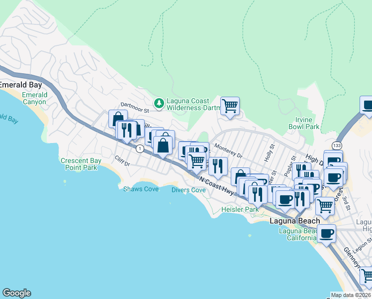 map of restaurants, bars, coffee shops, grocery stores, and more near 274 Grandview Street in Laguna Beach