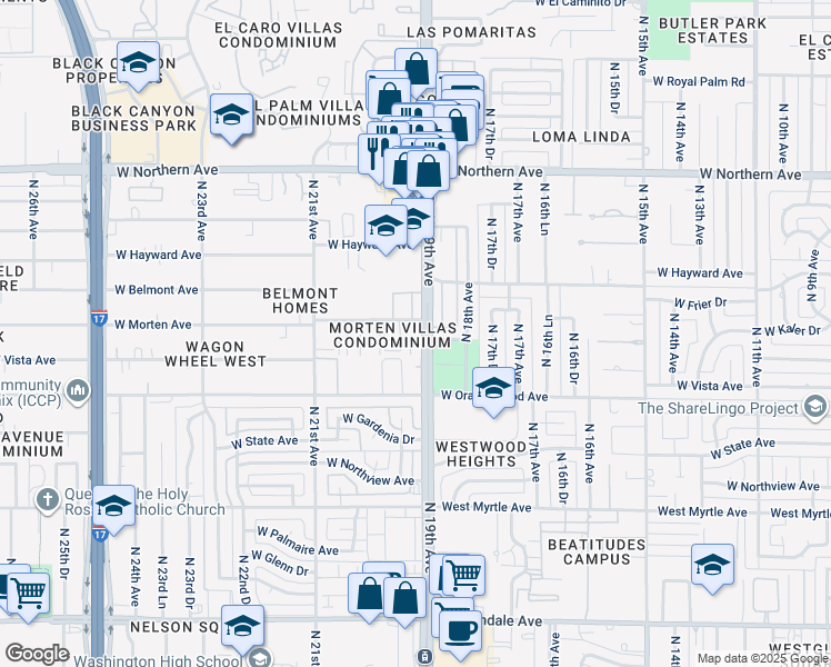 map of restaurants, bars, coffee shops, grocery stores, and more near 1825 West Morten Avenue in Phoenix