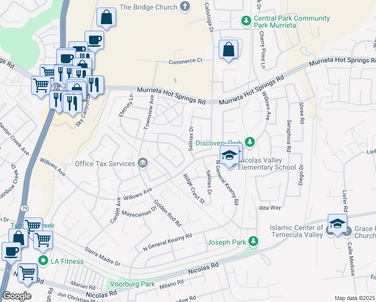 map of restaurants, bars, coffee shops, grocery stores, and more near 39437 Salinas Drive in Murrieta