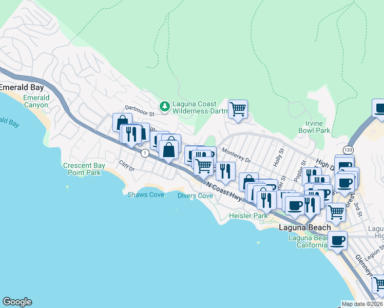 map of restaurants, bars, coffee shops, grocery stores, and more near 274 Grandview Street in Laguna Beach