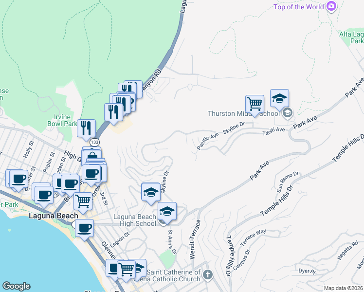 map of restaurants, bars, coffee shops, grocery stores, and more near 1425 Samoa Way in Laguna Beach