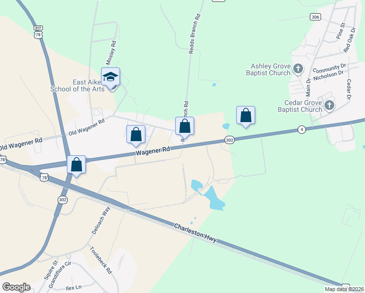 map of restaurants, bars, coffee shops, grocery stores, and more near 2568 Wagener Road in Aiken