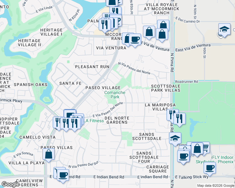 map of restaurants, bars, coffee shops, grocery stores, and more near 7621 North Vía De Los Ninos in Scottsdale