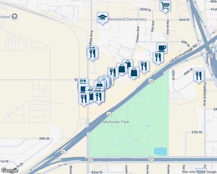 map of restaurants, bars, coffee shops, grocery stores, and more near 6064 Marsha Sharp Freeway in Lubbock