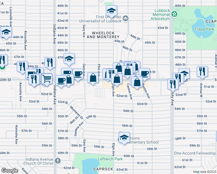 map of restaurants, bars, coffee shops, grocery stores, and more near 3005 50th Street in Lubbock