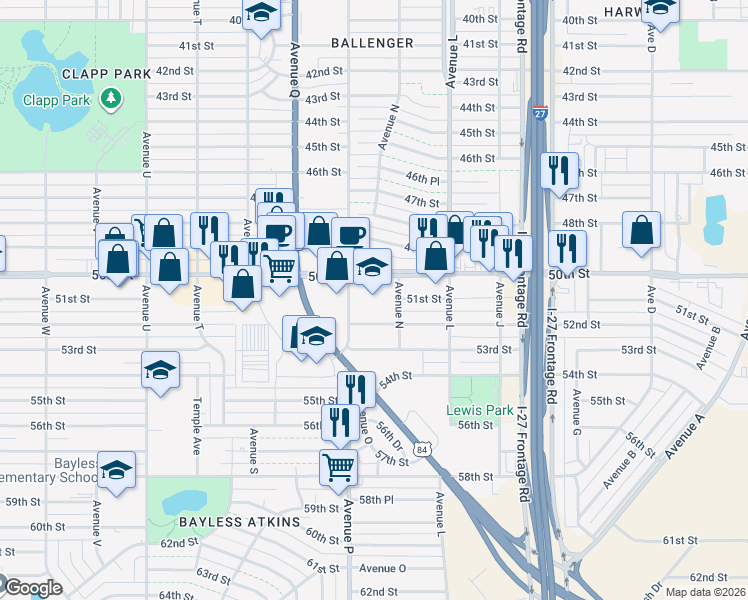 map of restaurants, bars, coffee shops, grocery stores, and more near 5001 Avenue P in Lubbock