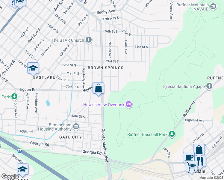 map of restaurants, bars, coffee shops, grocery stores, and more near 7101 Naples Avenue in Birmingham