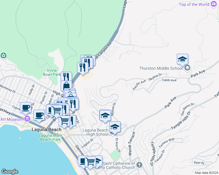 map of restaurants, bars, coffee shops, grocery stores, and more near 1302 Skyline Drive in Laguna Beach