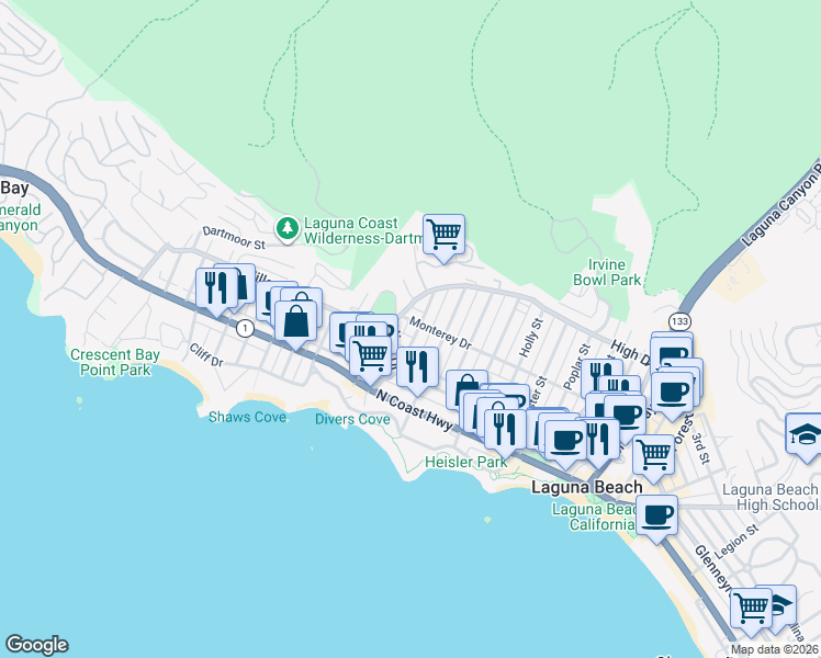 map of restaurants, bars, coffee shops, grocery stores, and more near 388 Hawthorne Road in Laguna Beach