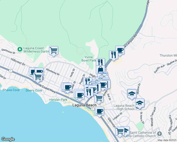 map of restaurants, bars, coffee shops, grocery stores, and more near 515 Poplar Street in Laguna Beach