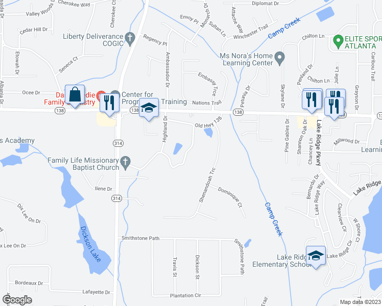 map of restaurants, bars, coffee shops, grocery stores, and more near 197 Highland Hills Road in Fayetteville