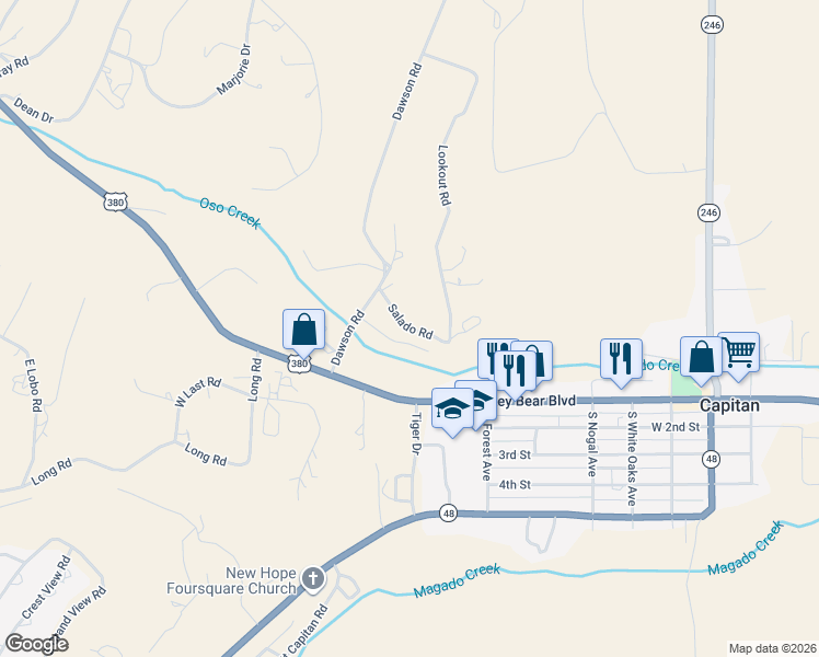 map of restaurants, bars, coffee shops, grocery stores, and more near Salado Road in Capitan