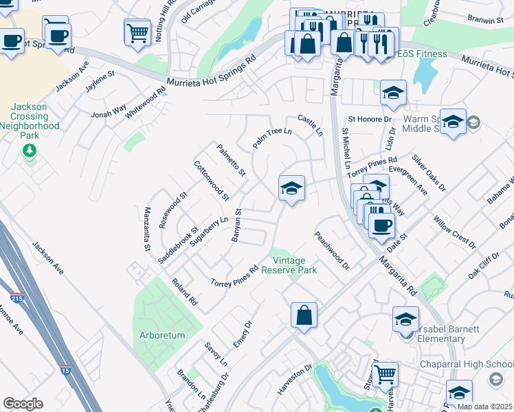 map of restaurants, bars, coffee shops, grocery stores, and more near 40068 Montage Lane in Murrieta