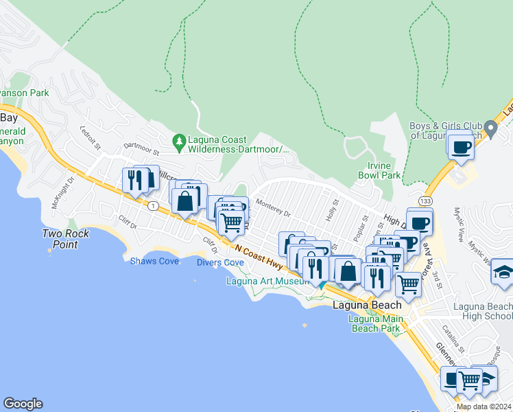 map of restaurants, bars, coffee shops, grocery stores, and more near 369 Hawthorne Road in Laguna Beach