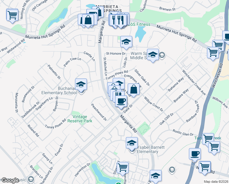 map of restaurants, bars, coffee shops, grocery stores, and more near 39843 Clements Way in Murrieta