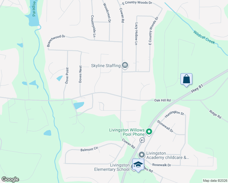 map of restaurants, bars, coffee shops, grocery stores, and more near 276 Oak Hill Road in Covington