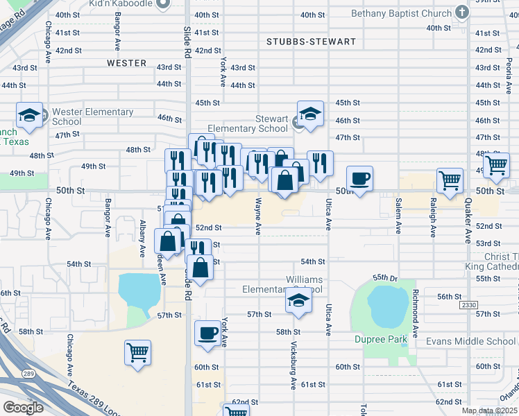 map of restaurants, bars, coffee shops, grocery stores, and more near 5001-5199 Wayne Avenue in Lubbock